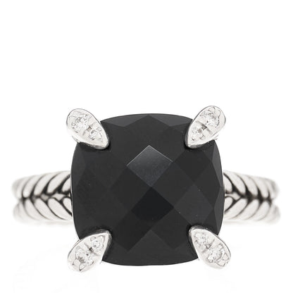 David Yurman Sterling Silver Diamond Onyx 11mm Chatelaine Ring 50 5.5 1 of 4