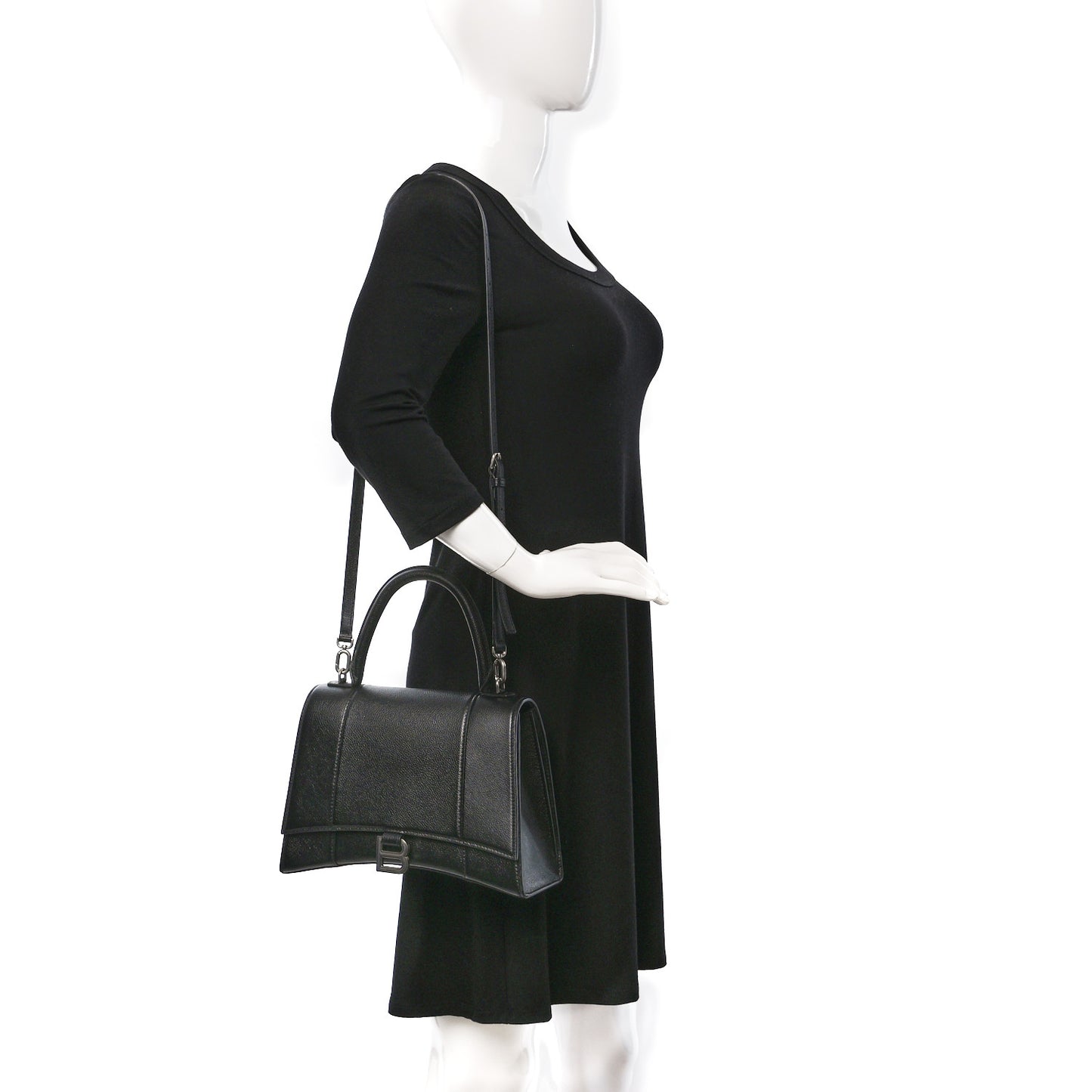 Grained Calfskin Medium Hourglass Top Handle Bag Black