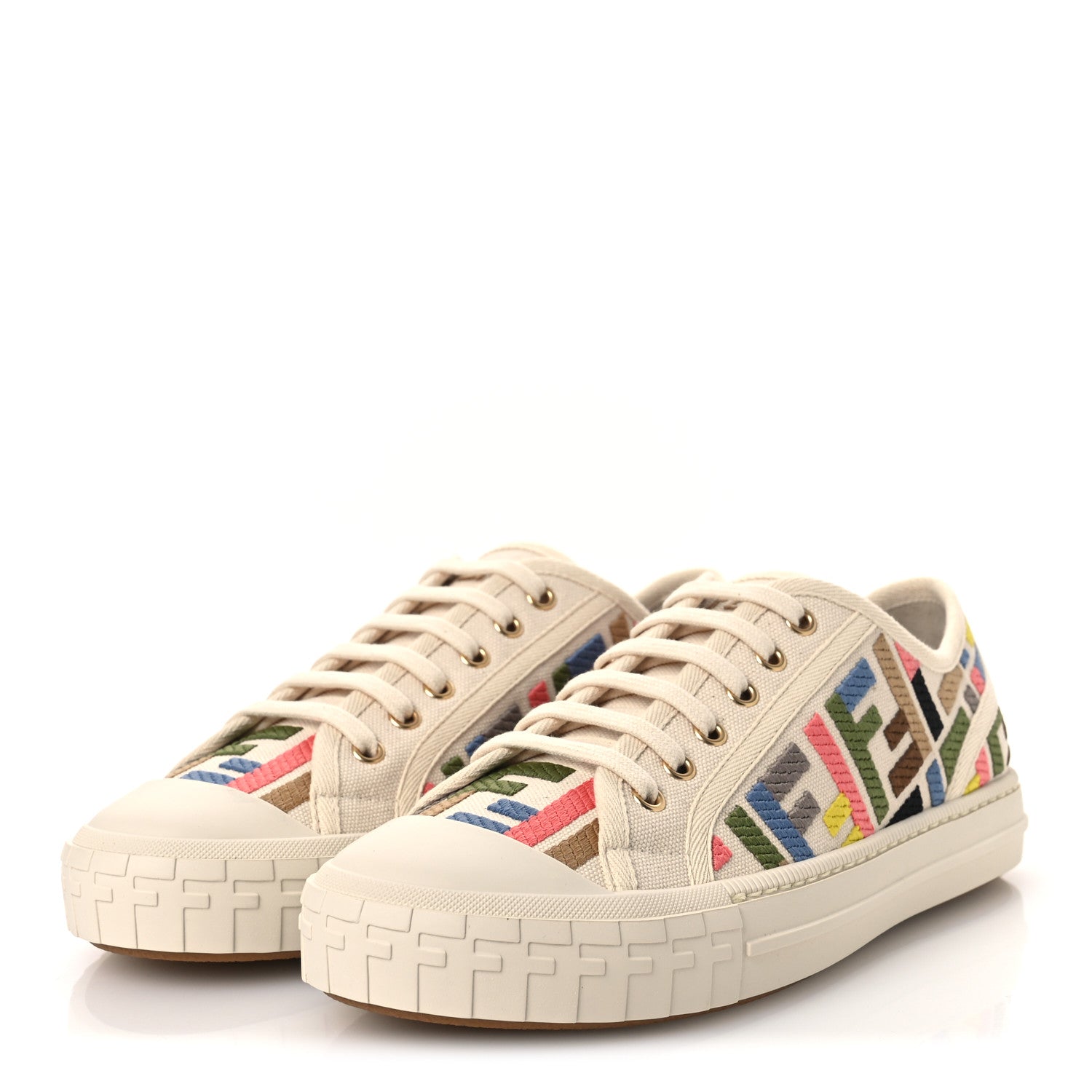 Fendi Kuban Canvas FF Womens Domino Low Top Sneakers 37 Grezzo Multicolor Latte 4 of 11