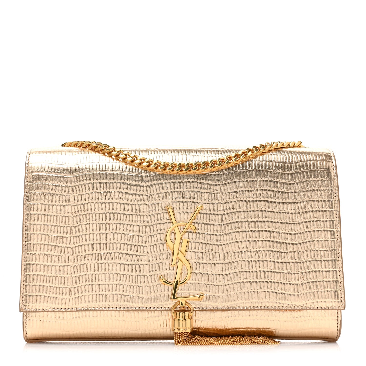 Saint Laurent Metallic Calfskin Crocodile Embossed Medium Classic Monogram Kate Tassel Satchel Gold 1 of 12