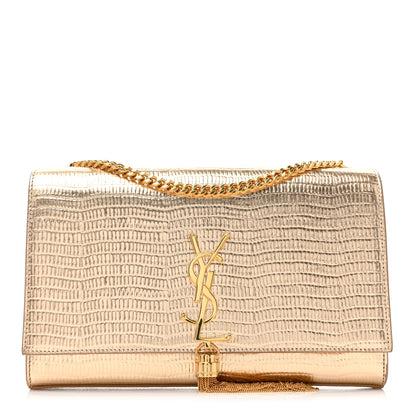 Saint Laurent Metallic Calfskin Crocodile Embossed Medium Classic Monogram Kate Tassel Satchel Gold 1 of 12