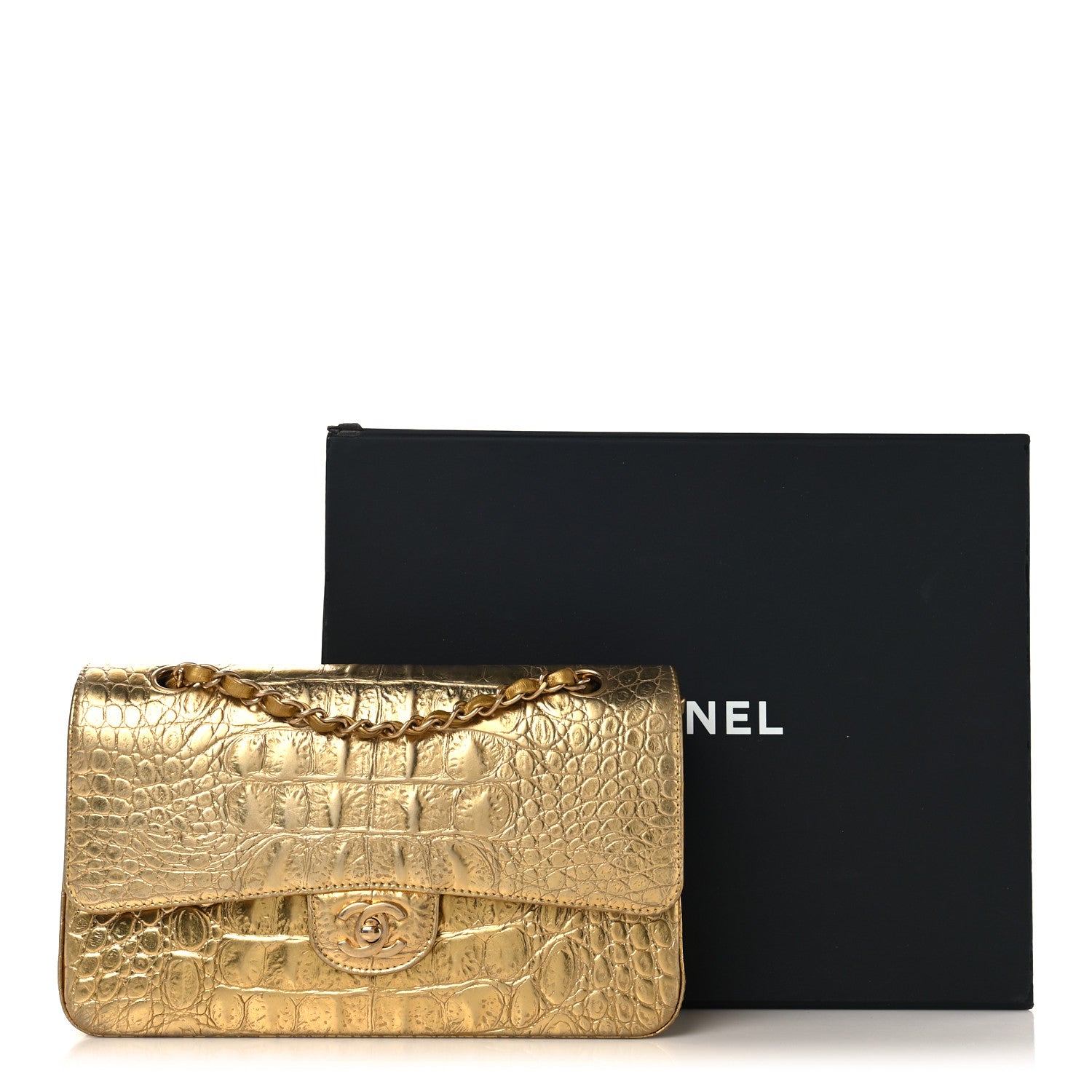 Chanel Metallic Calfskin Crocodile Embossed Cocodile Medium Double Flap Gold 12 of 12