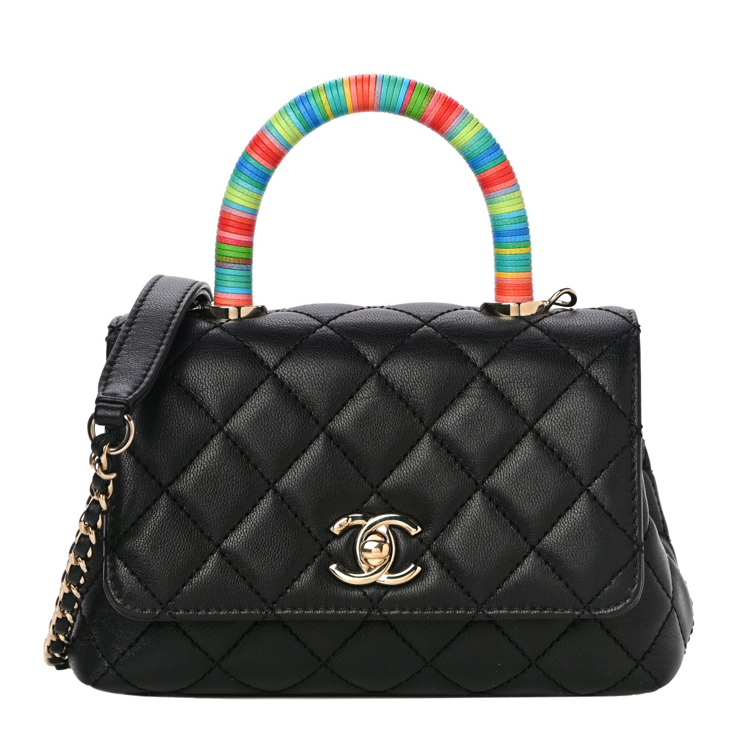 Goatskin Quilted Rainbow Extra Mini Coco Handle Flap Black