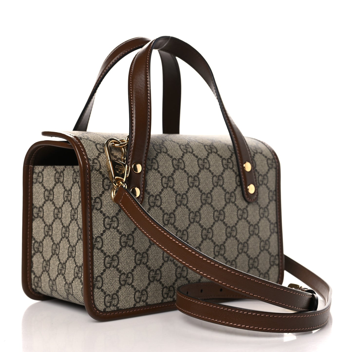 GG Supreme Monogram Azalea Calfskin Mini Horsebit 1955 Foldover Top Handle Bag Beige Ebony Brown Sugar