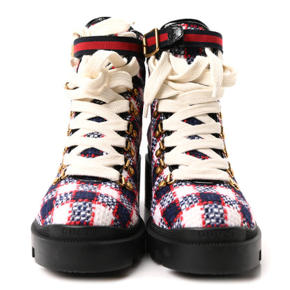 Gucci Vintage Tweed Check Lace Up Combat Ankle Boots 39 White Hibiscus Red Marine 3 of 10