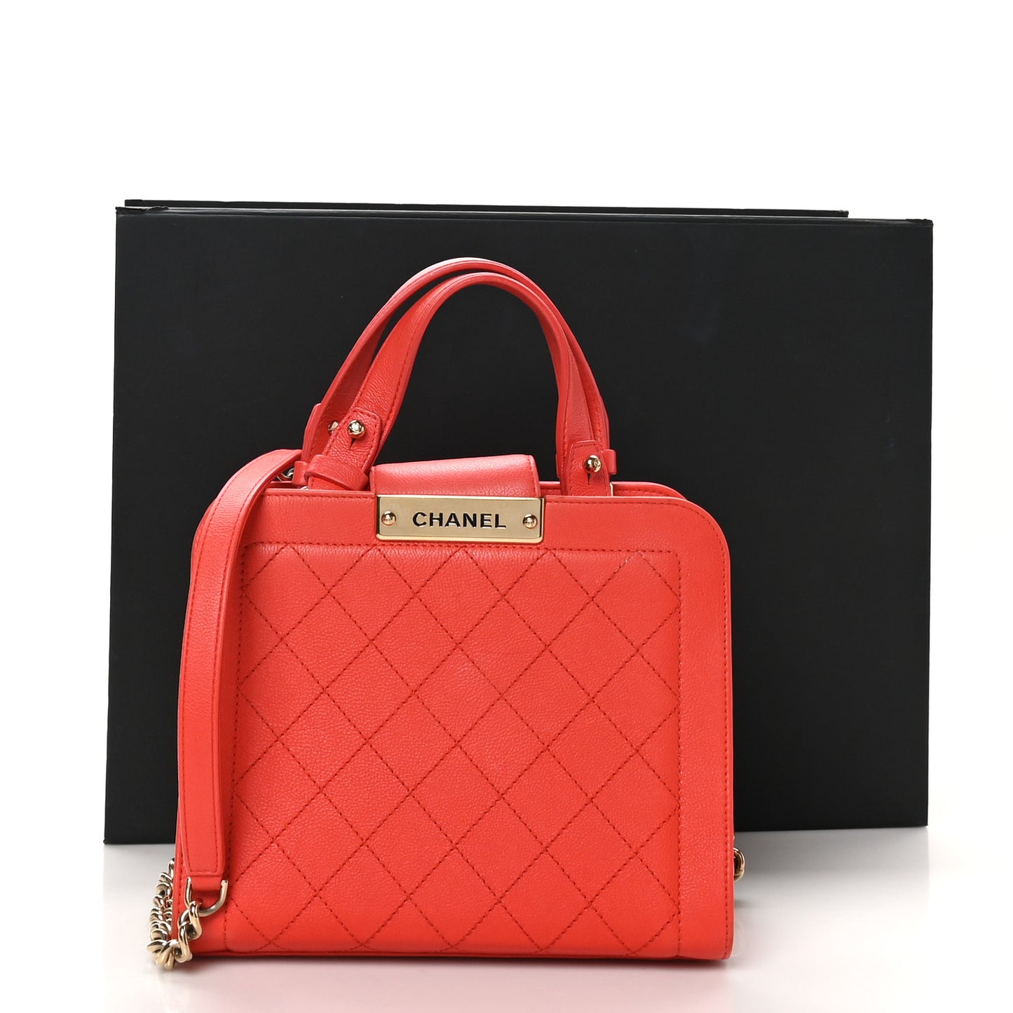 Grained Calfskin Stitched Small Label Click Shopper Tote Red