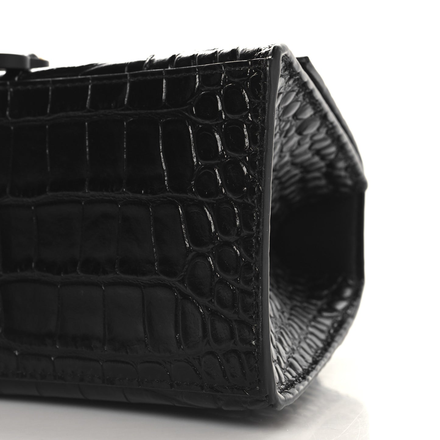 Shiny Calfskin Monochrome Crocodile Embossed Small Hourglass Top Handle Bag Black