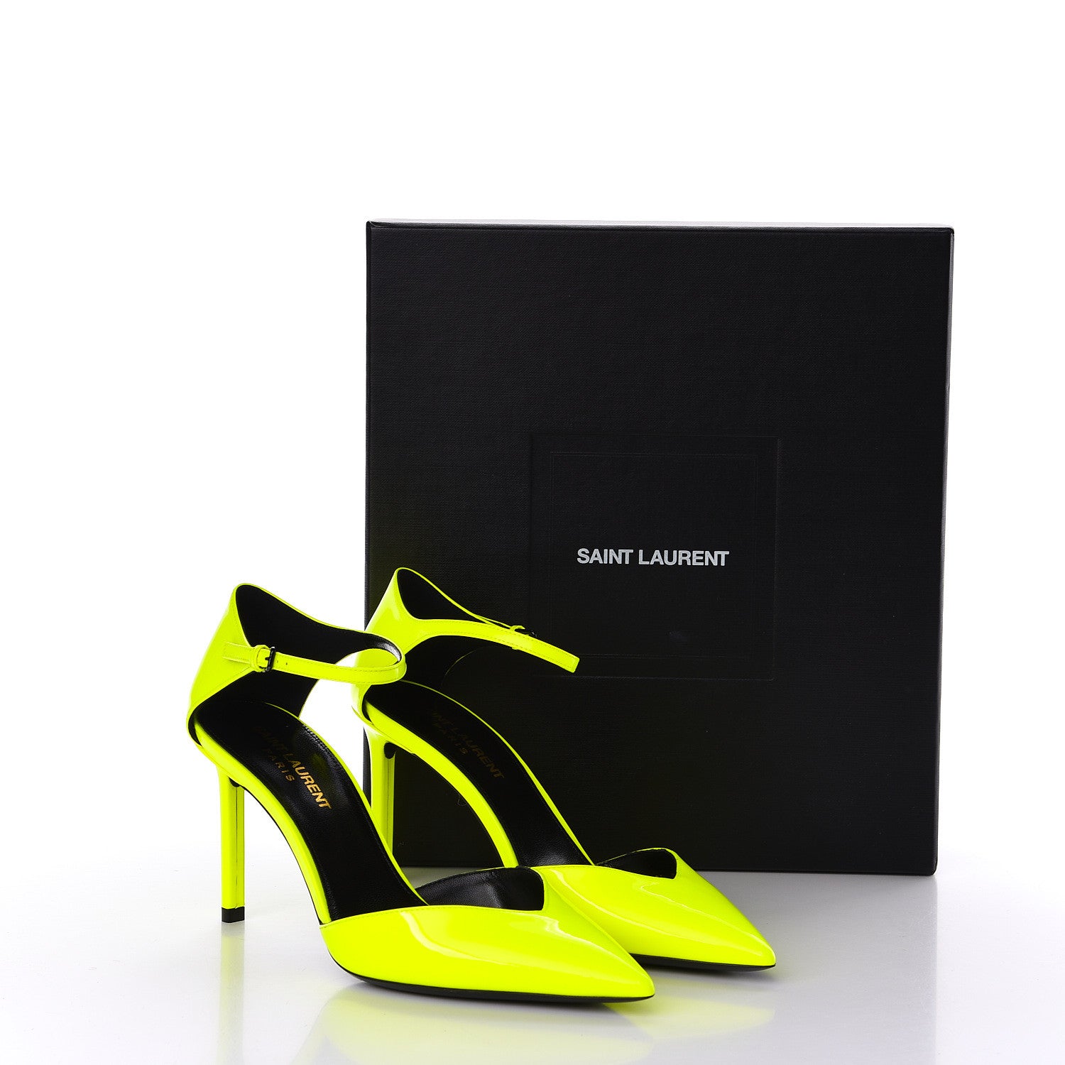 Saint Laurent Patent Anja 85 Ankle Strap Pointed Pumps 37 Fluo Yellow 9 of 9