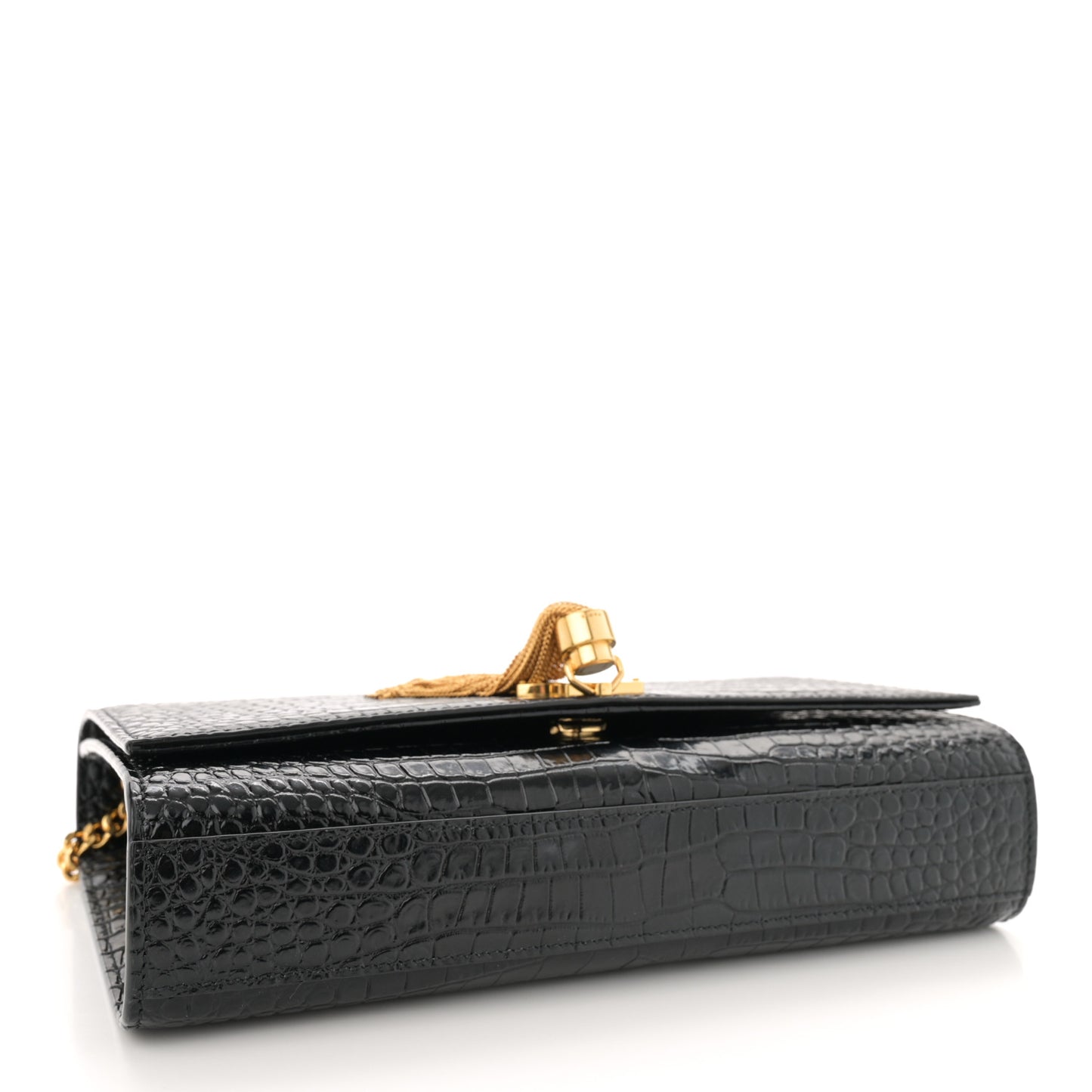 Calfskin Crocodile Embossed Medium Classic Monogram Kate Tassel Satchel Black