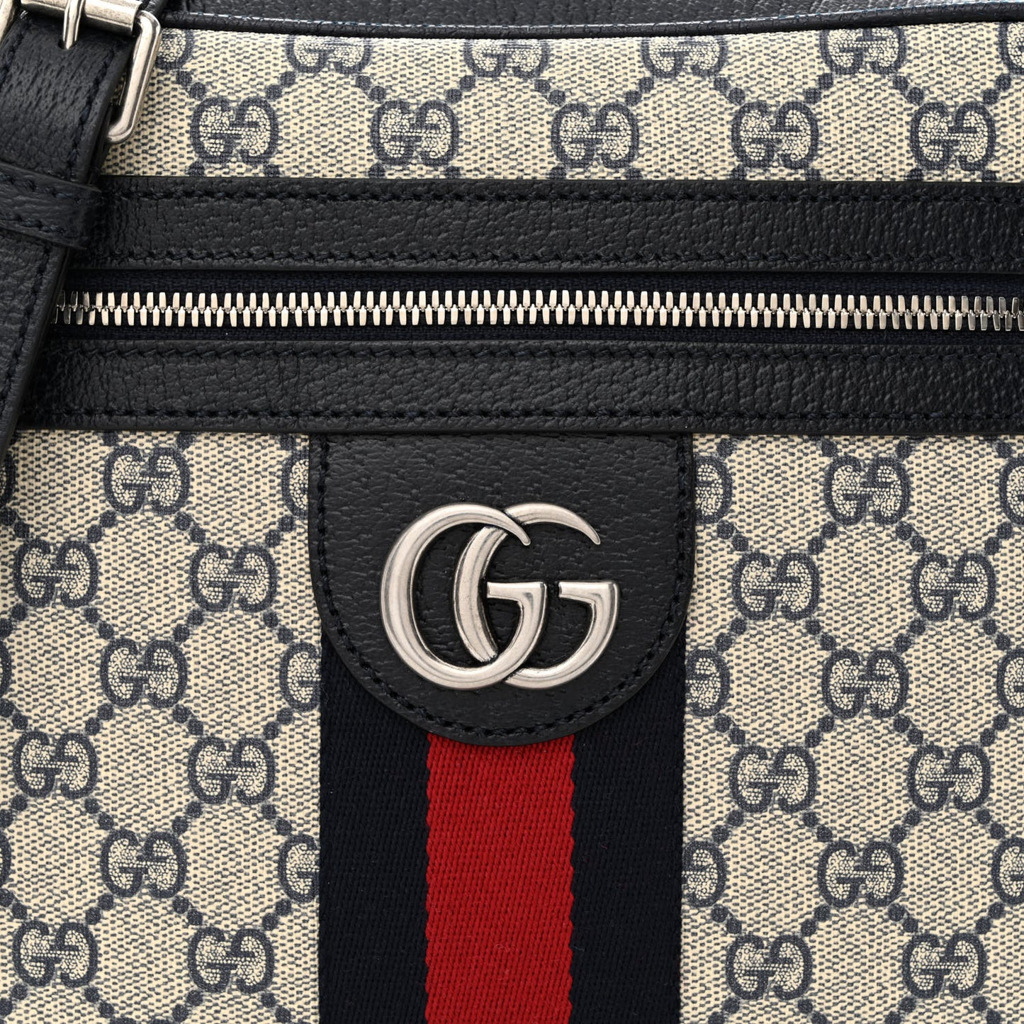 GG Supreme Monogram Textured Dollar Calfskin Web Small Ophidia Messenger Bag Beige Blue