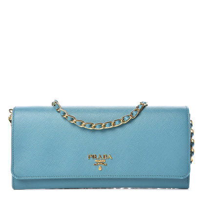 Prada Saffiano Metal Oro Chain Wallet Turchese 1 of 8
