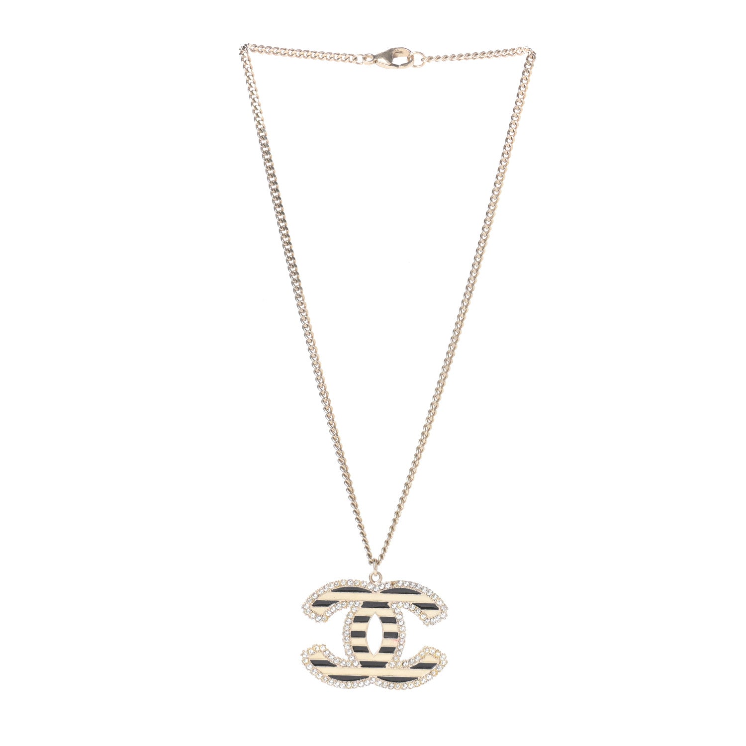Chanel Crystal Enamel Striped CC Necklace Gold Black 3 of 5