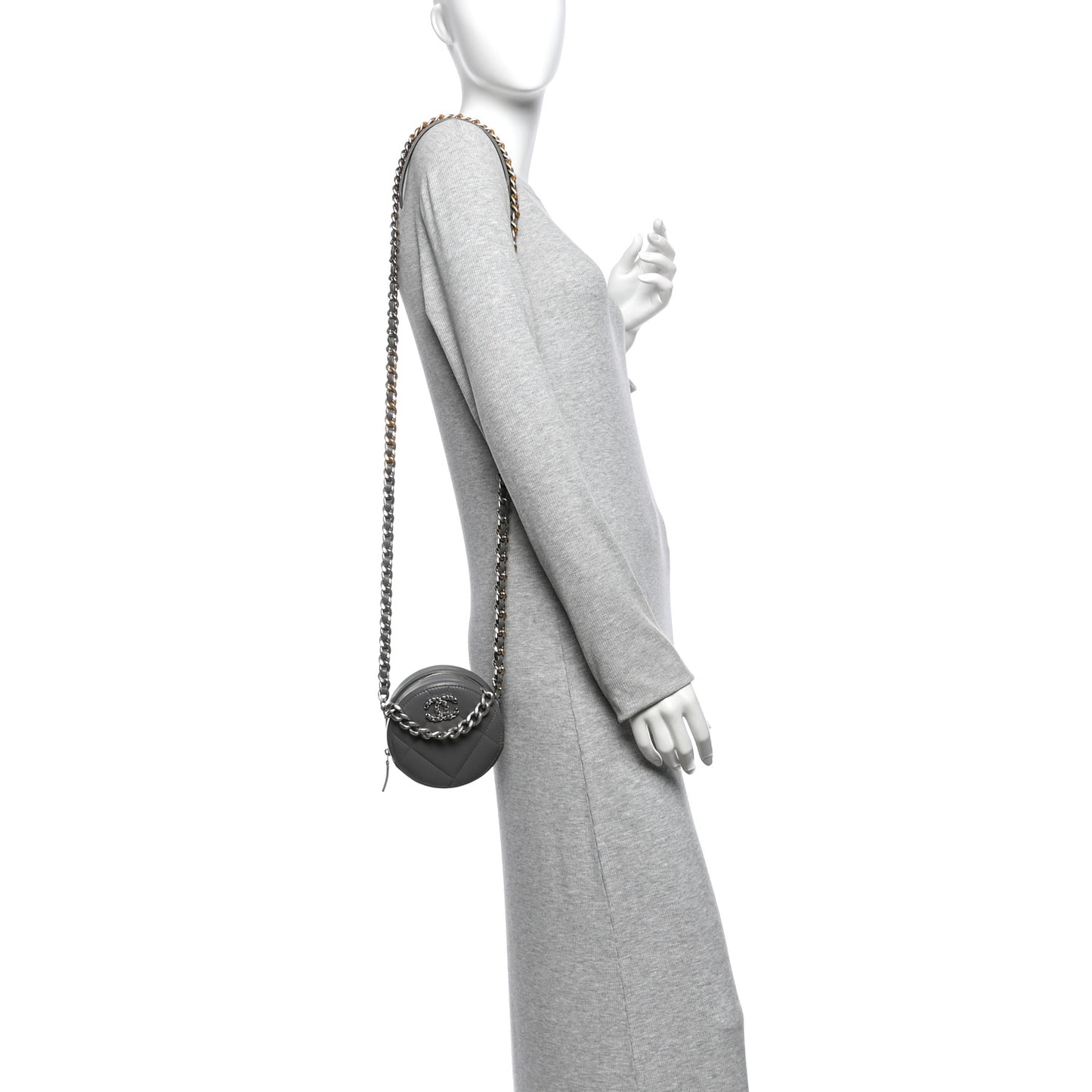 Lambskin Quilted Chanel 19 Round Clutch With Chain Grey