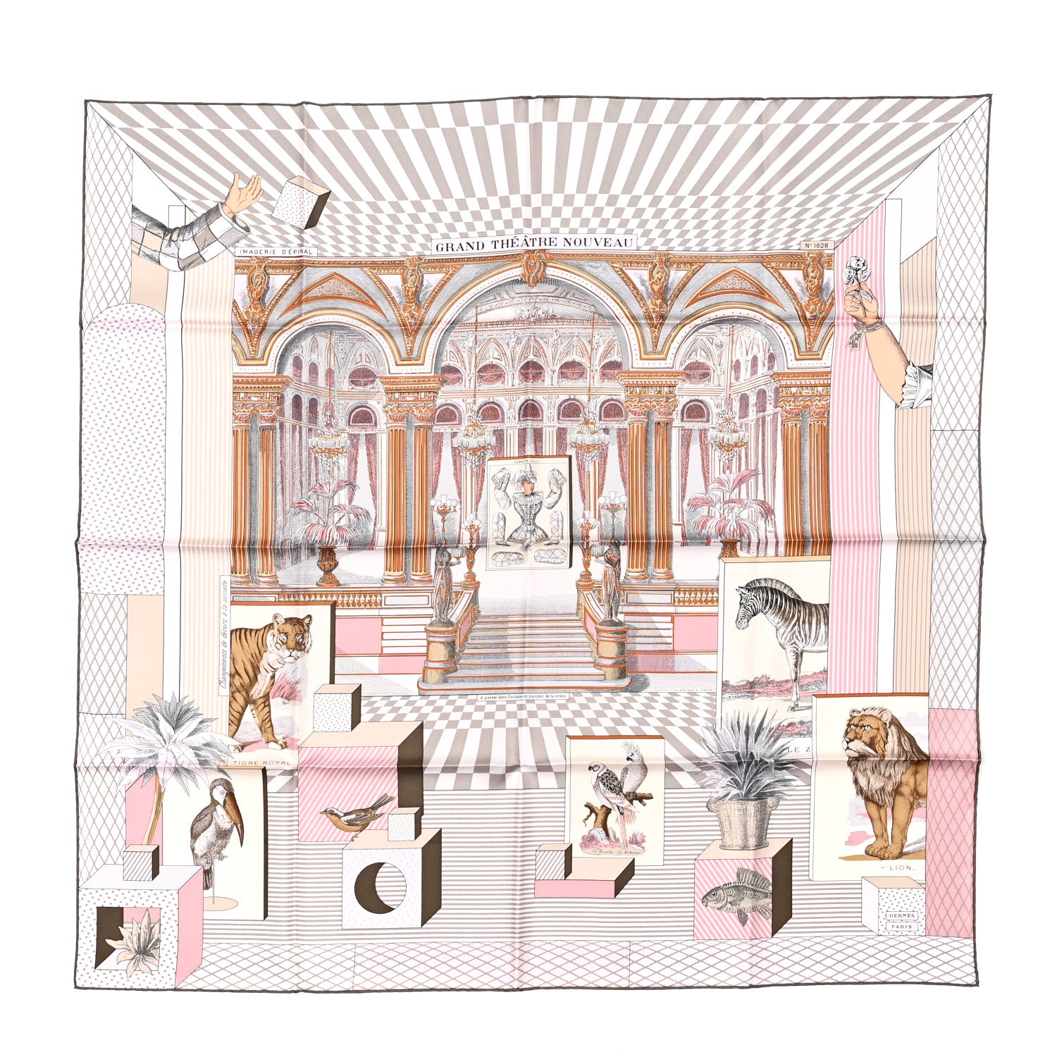Hermes Silk Grand Theatre Nouveau Scarf 90 Rose Pale Etoupe 1 of 8
