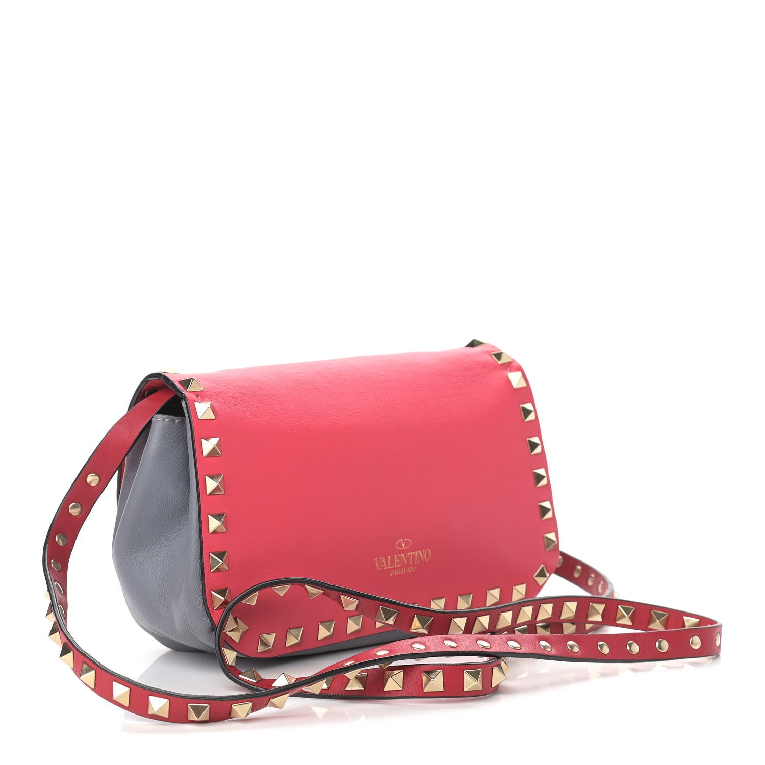 Valentino Garavani Vitello Colorblock Mini Rockstud Flap Saddle Crossbody Bag Deep Rose Green Grey Scarlet 3 of 9