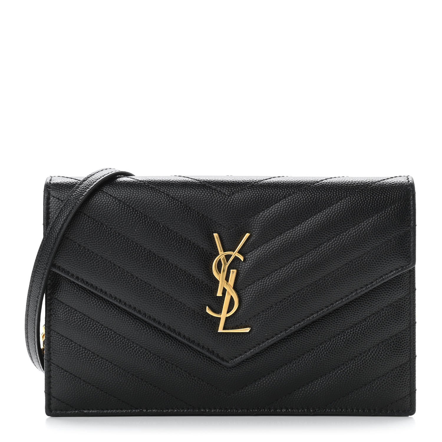 Saint Laurent Grain De Poudre Matelasse Chevron Monogram Envelope Chain Wallet Black 1 of 9