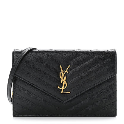 Saint Laurent Grain De Poudre Matelasse Chevron Monogram Envelope Chain Wallet Black 1 of 9