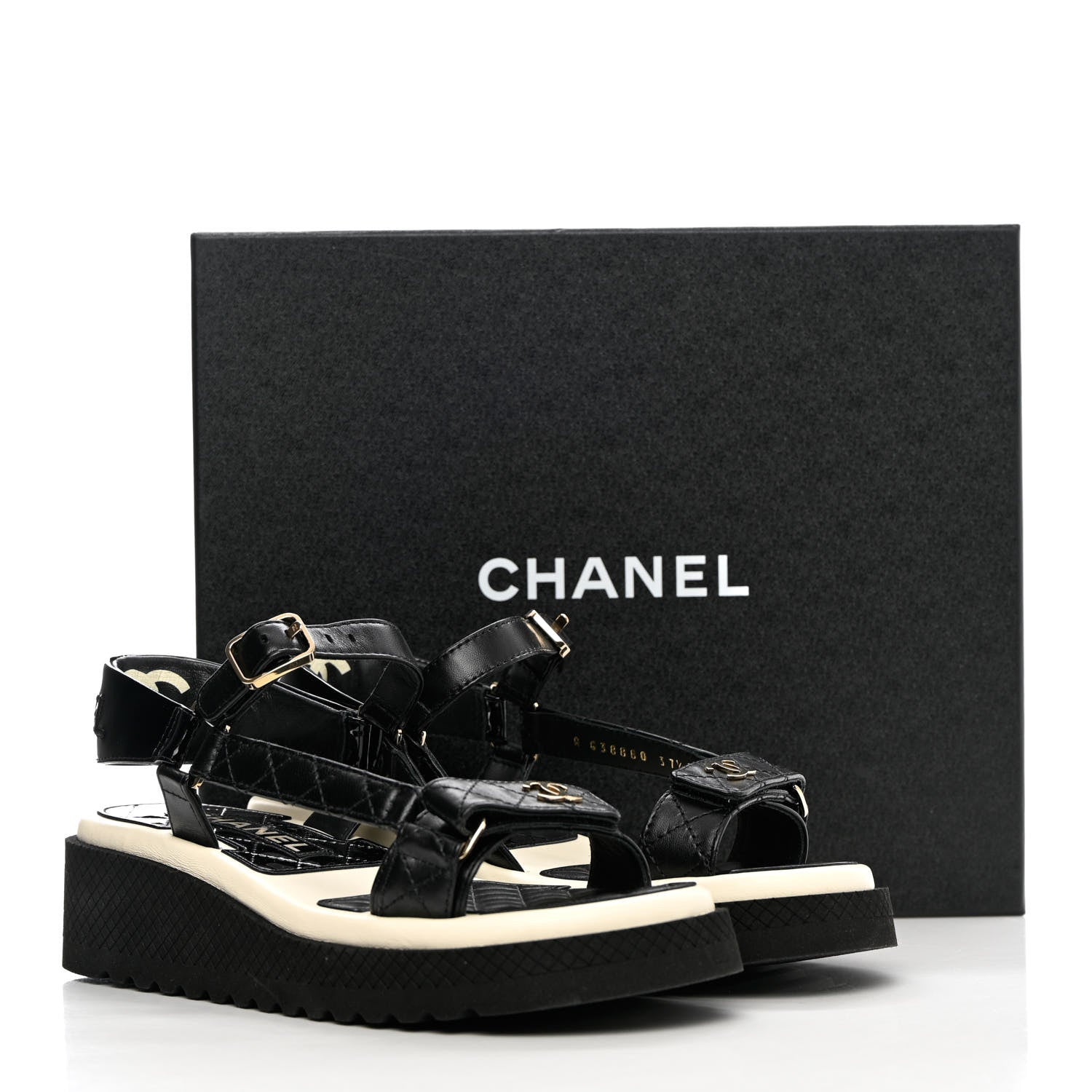 Chanel Lambskin Logo Platform Sandals 37.5 Black White 9 of 9