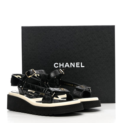 Chanel Lambskin Logo Platform Sandals 37.5 Black White 9 of 9