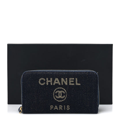 Chanel Lurex Canvas Medium Deauville Zip Around Wallet Navy Blue Gold 9 of 9