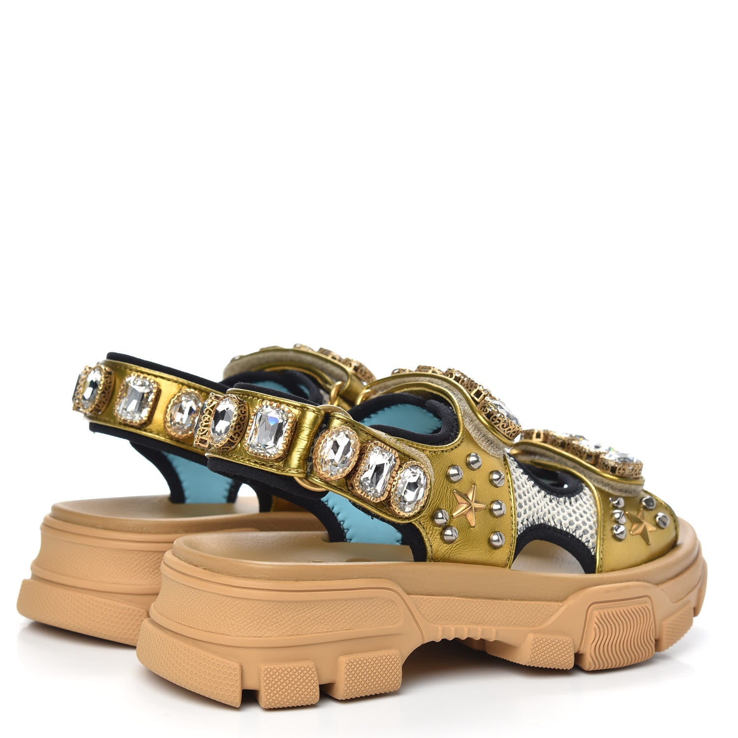 Gucci Silk Calfskin Mesh Crystal Embellished Studded Womens Aguru Sandals 35.5 Gold 4 of 8