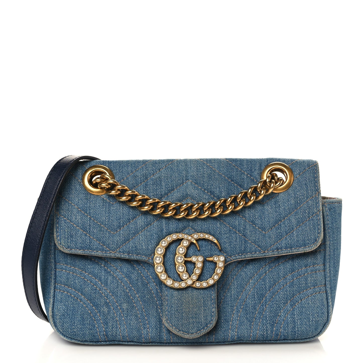 Denim Matelasse Mini Pearly GG Marmont Shoulder Bag Blue
