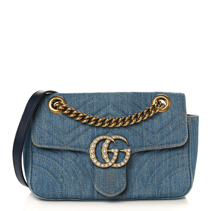 Gucci Denim Matelasse Mini Pearly GG Marmont Shoulder Bag Blue 1 of 9