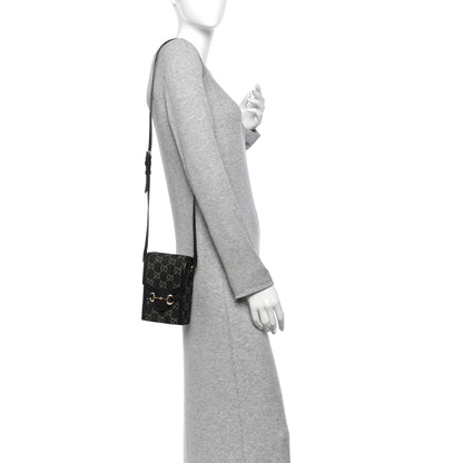 Gucci Jacquard Black Denim GG Monogram Textured Dollar Calfskin Mini Horsebit 1955 Crossbody Bag Black Ivory 2 of 10