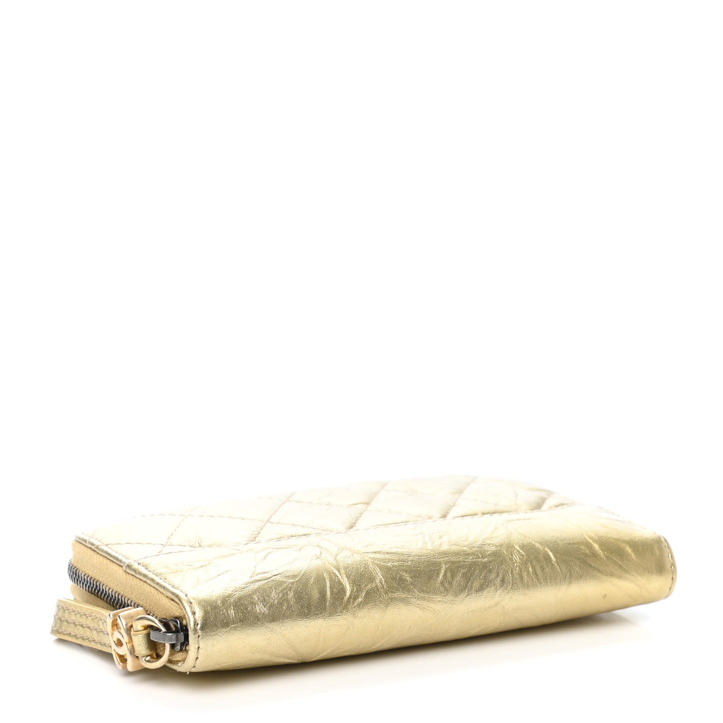 Metallic Aged Calfskin Quilted Small Gabrielle Zip Around Wallet Gold