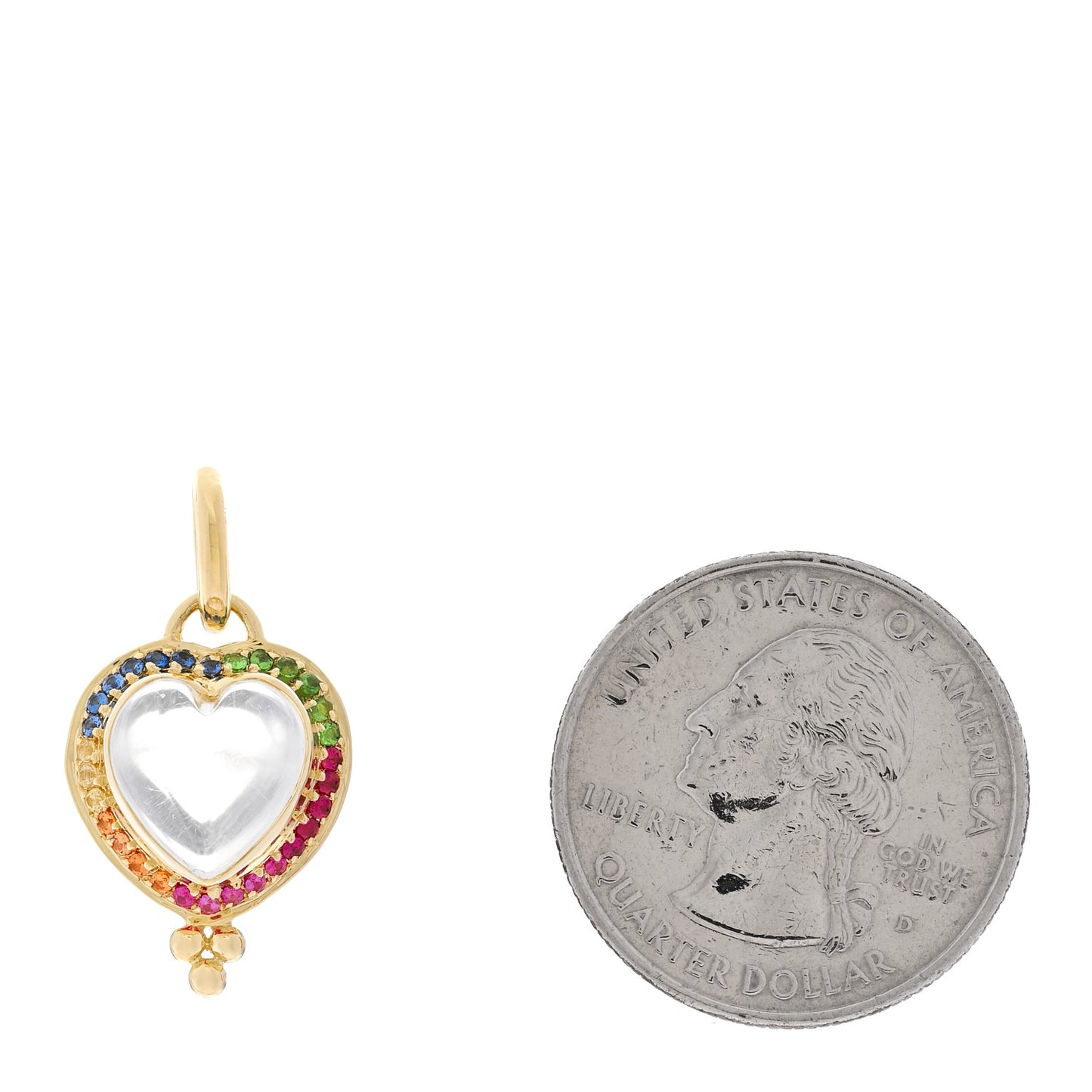 18K Yellow Gold Rock Crystal Ruby Sapphire Tsavorite Heart Pendant