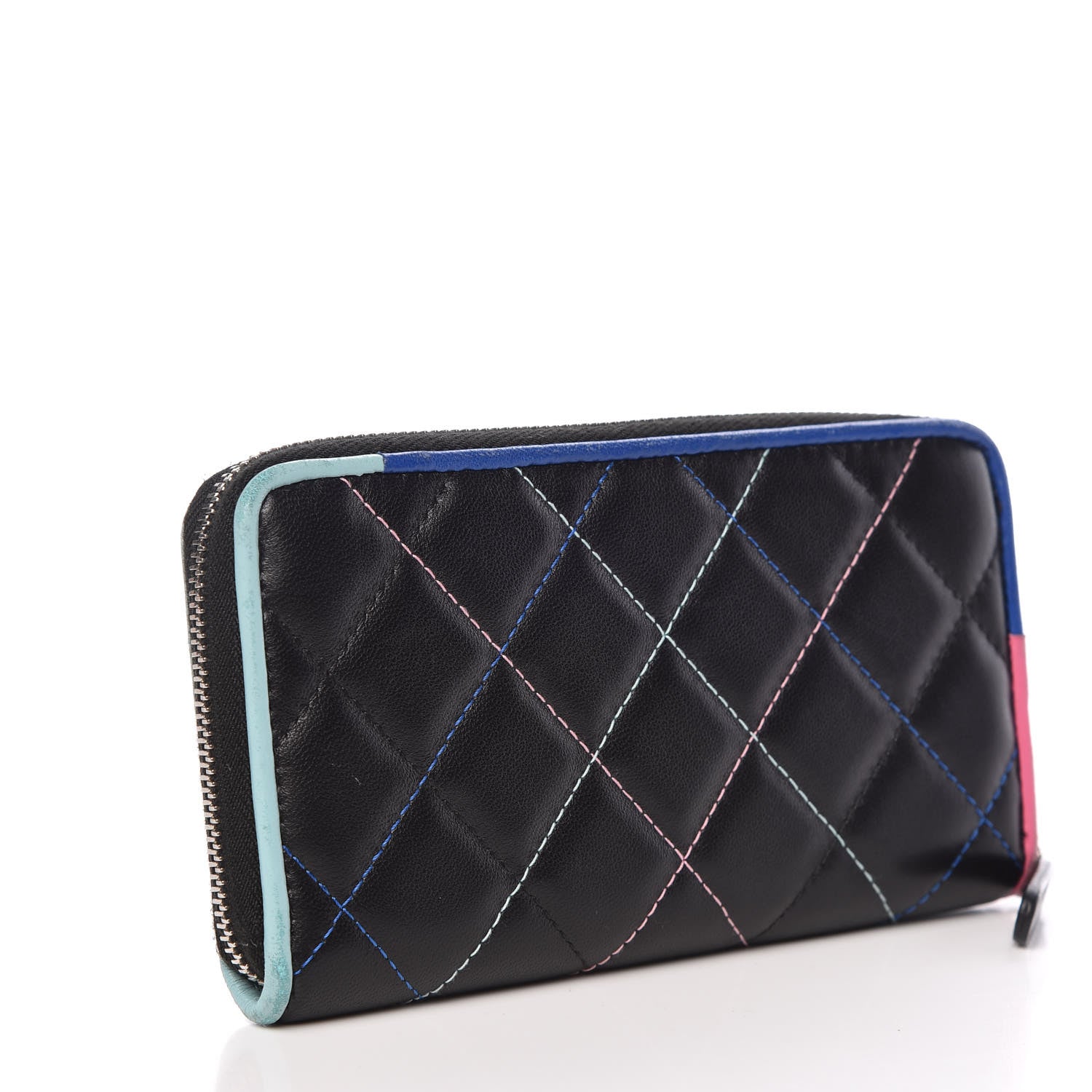 Chanel Lambskin Quilted Small Gusset Zip Around Wallet Black Pink Light Blue 3 of 15