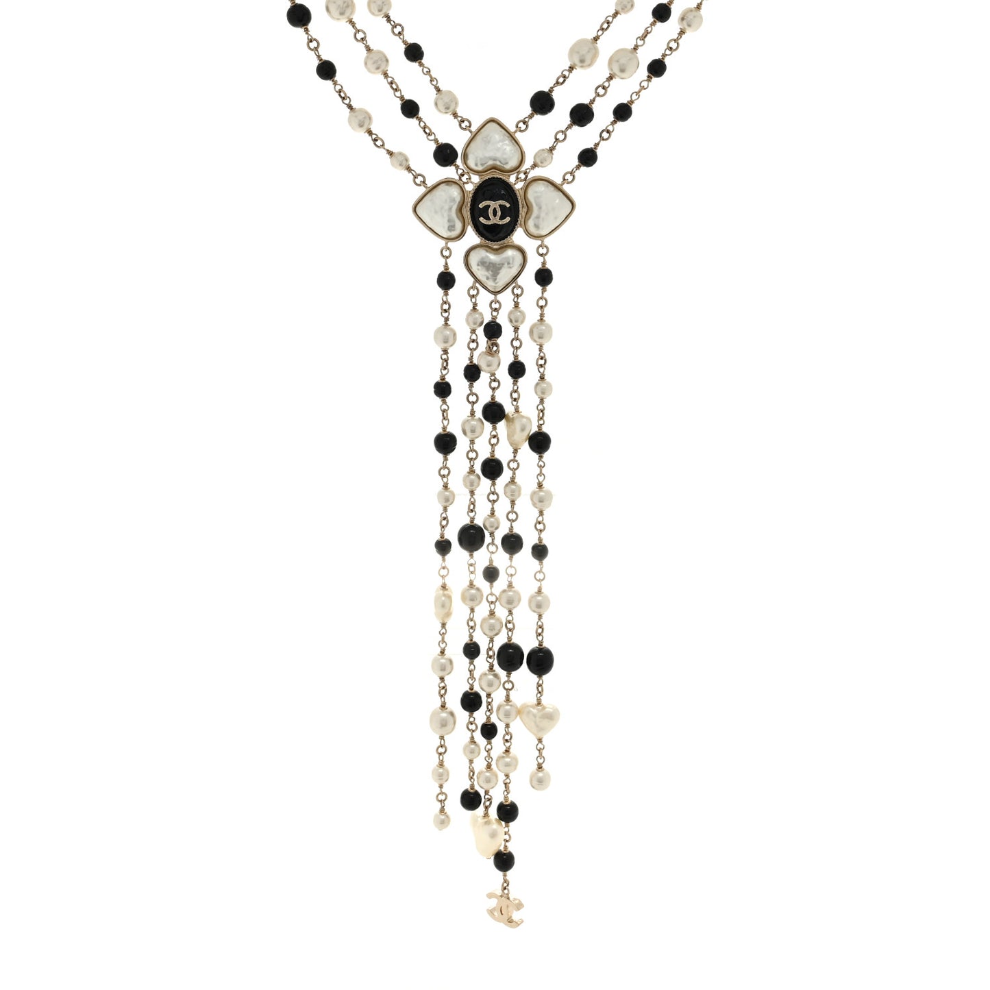 Pearl Bead Heart CC Long Multi Chain Necklace Gold Black