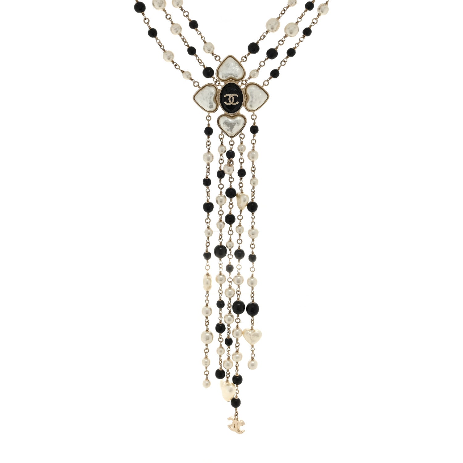 Chanel Pearl Bead Heart CC Long Multi Chain Necklace Gold Black 1 of 4