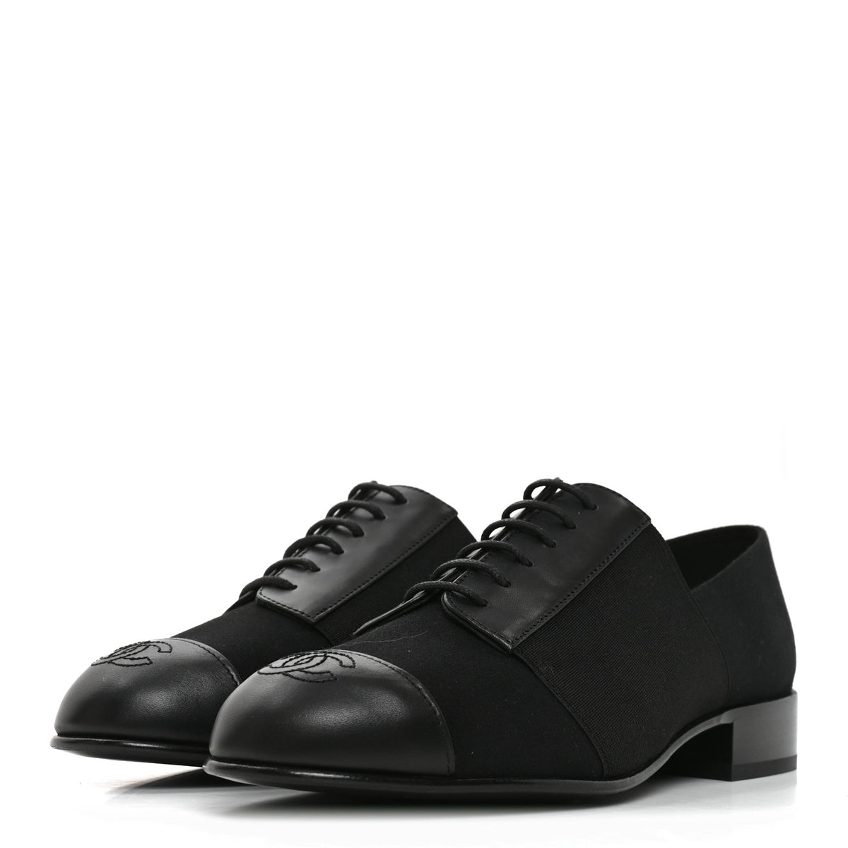 Chanel Calfskin Elastic Lace Up Cap Toe CC Loafers 35.5 Black 4 of 10