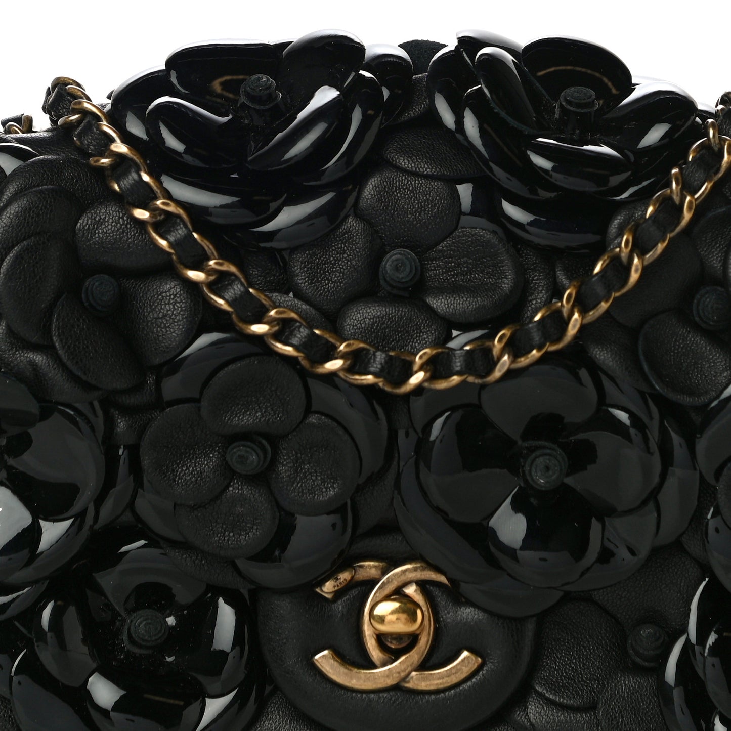 Lambskin Patent Mini Camellia Flap Black