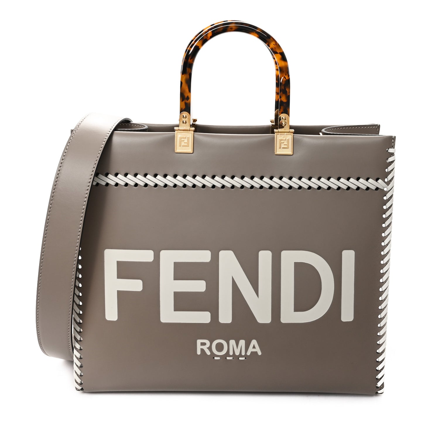 Vitello King Ceylon Plexiglass Woven Logo Debossed Medium Fendi Sunshine Shopper Tote Tortora