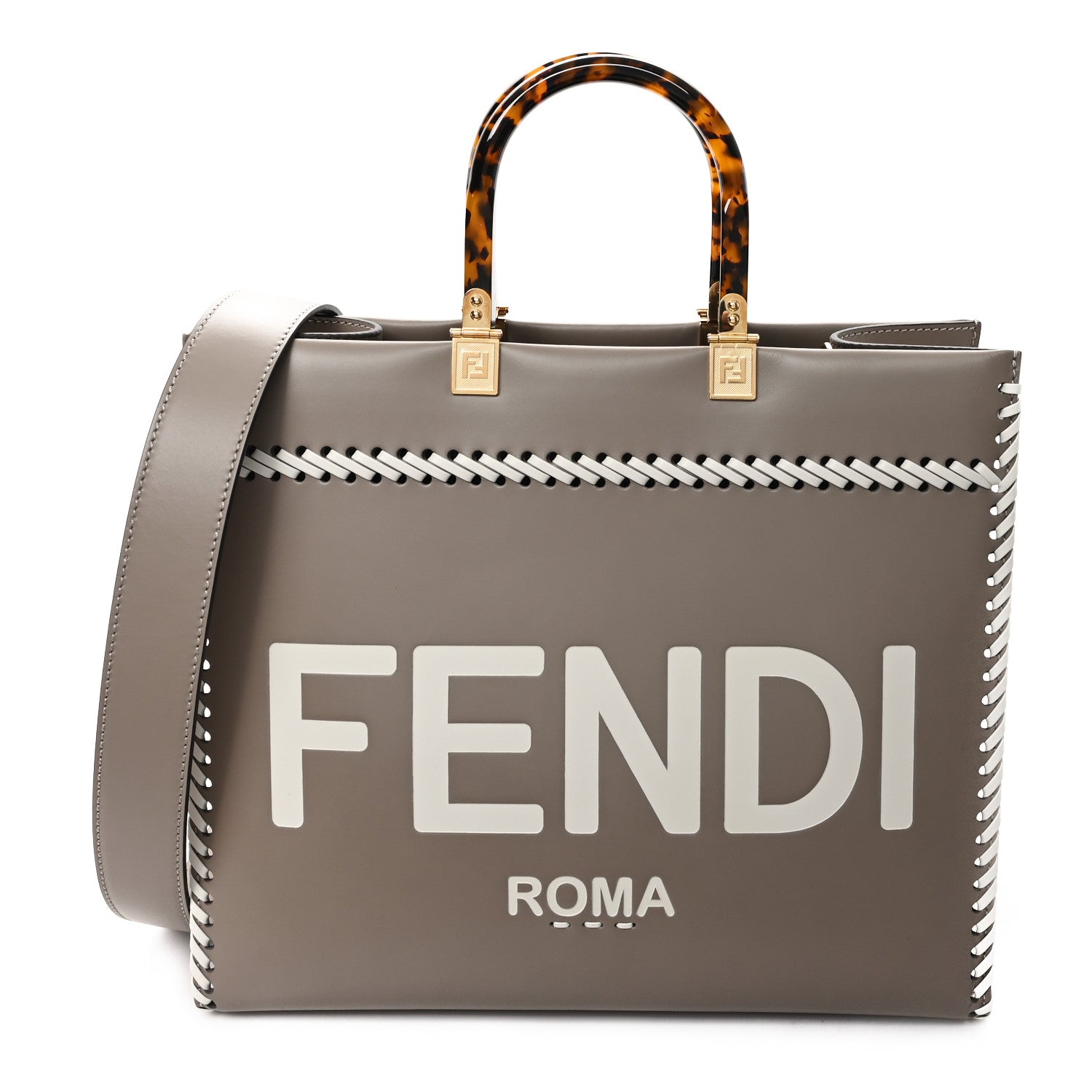 Fendi Vitello King Ceylon Plexiglass Woven Logo Debossed Medium Fendi Sunshine Shopper Tote Tortora 1 of 9