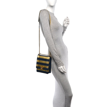 Chanel Metallic Lambskin Striped North South Boy Flap Navy Gold 2 of 11