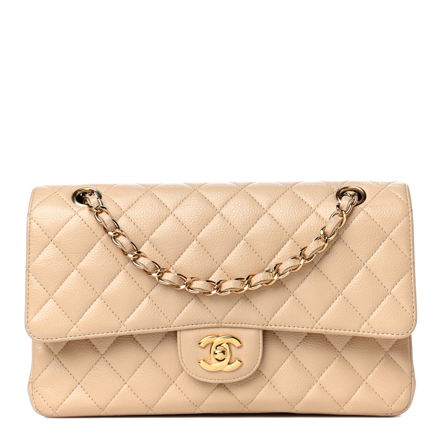 Caviar Quilted Medium Double Flap Beige