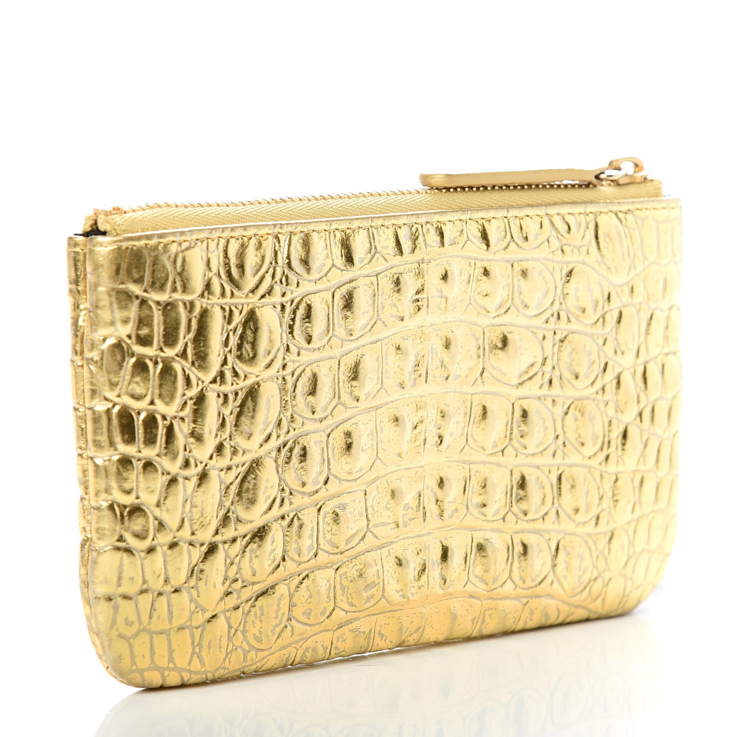 Chanel Metallic Calfskin Crocodile Embossed Cocodile Small Cosmetic Case Gold 3 of 7