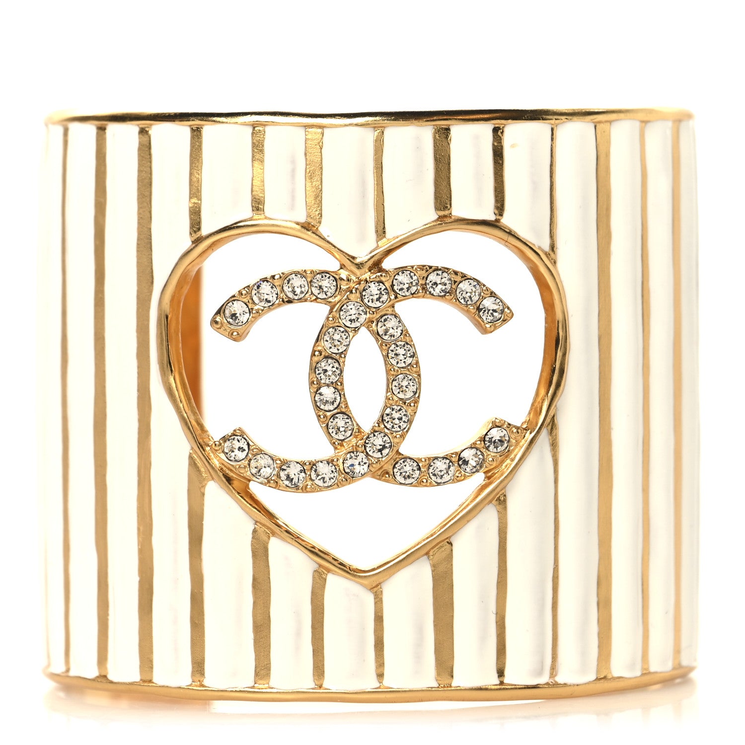 Chanel Crystal Heart CC Cuff Bracelet M Gold White 1 of 4