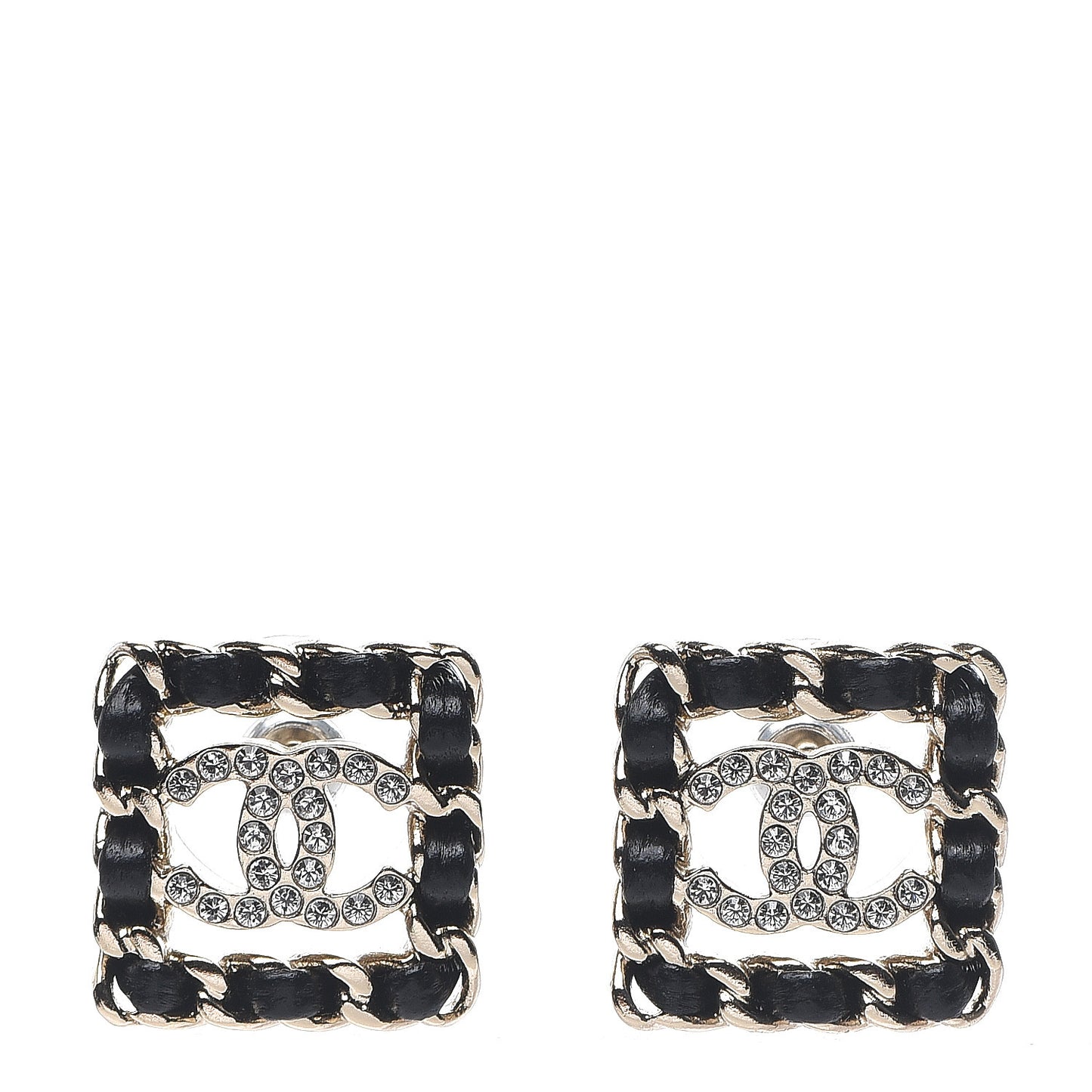 Crystal Lambskin Chain Sergeant Stud Earrings Black Gold