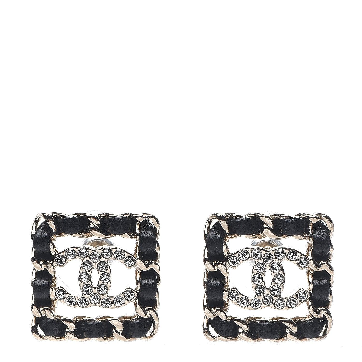 Chanel Crystal Lambskin Chain Sergeant Stud Earrings Black Gold 1 of 5