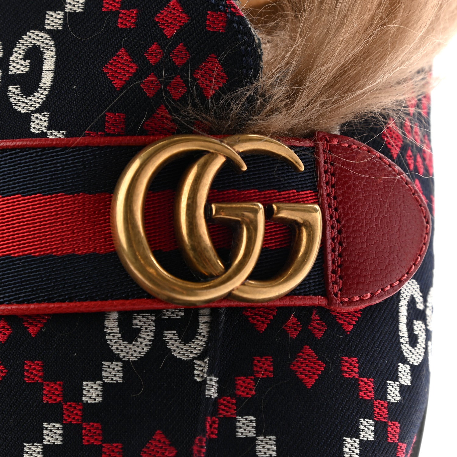 Gucci Canvas GG Monogram Diamond Fur Web GG Mens Princetown Slippers 9 Midnight Blue Hibiscus Red 8 of 8