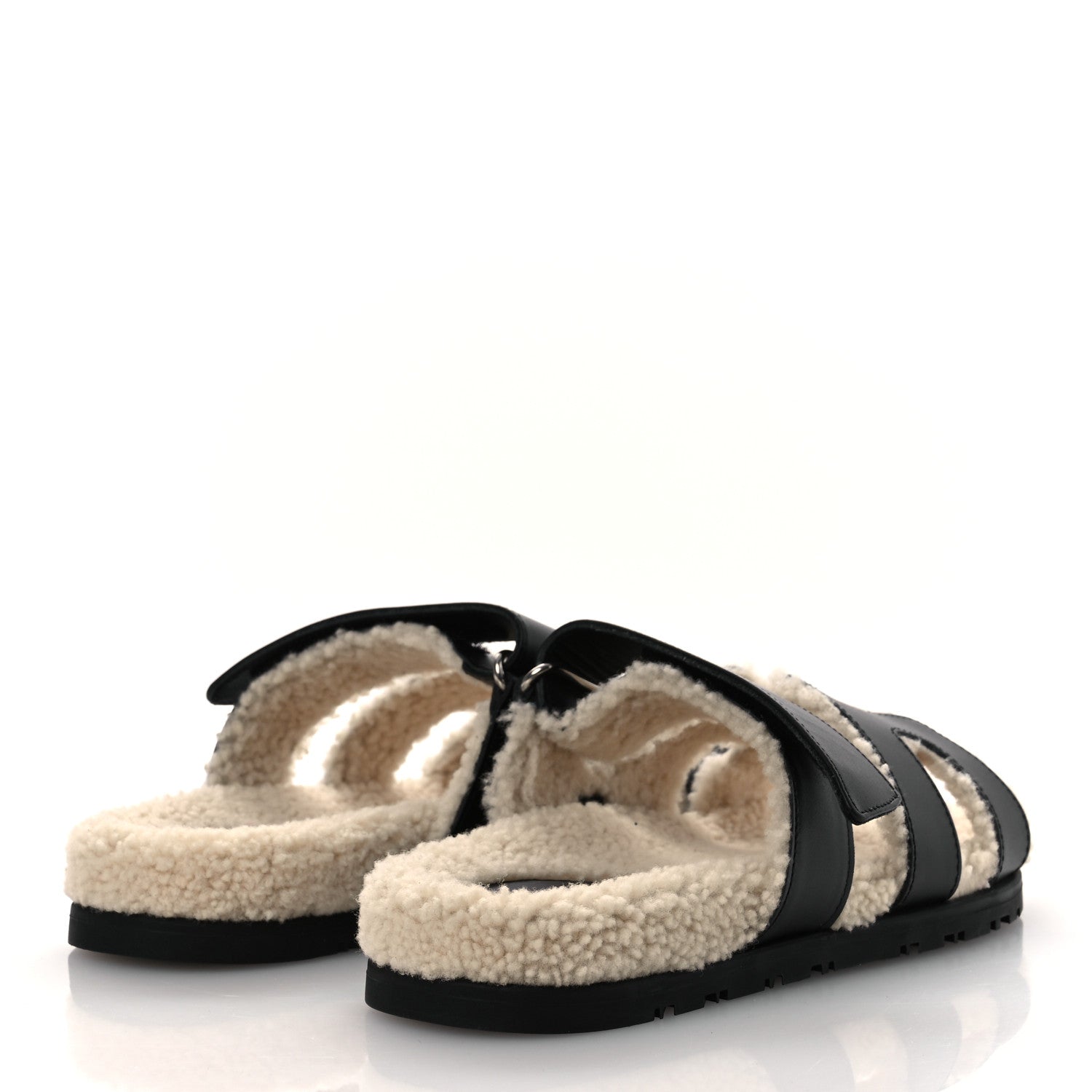 Hermes Calfskin Woolskin Womens Chypre Sandals 37.5 Black Ecru 5 of 10