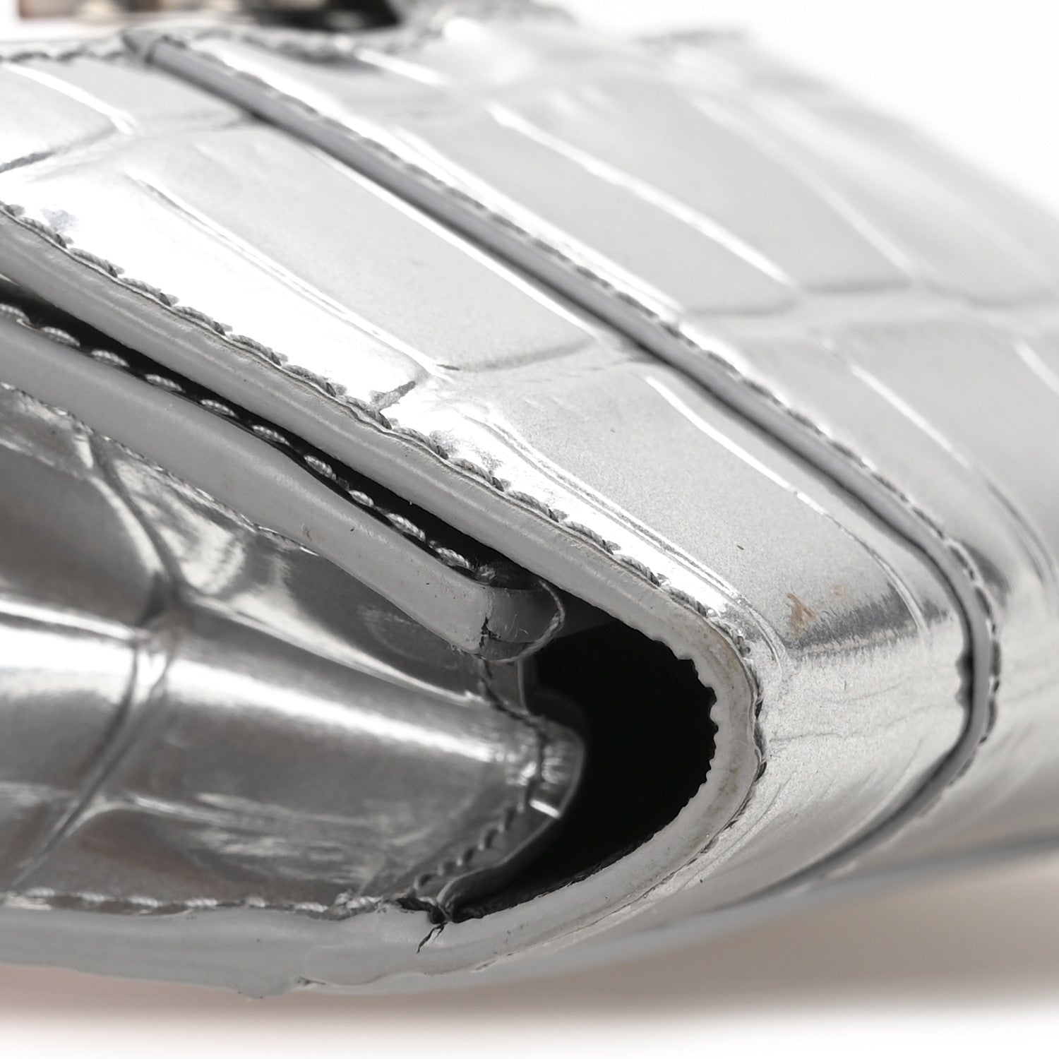 Balenciaga Metallic Calfskin Crocodile Embossed Hourglass Chain Cardholder Silver 9 of 10