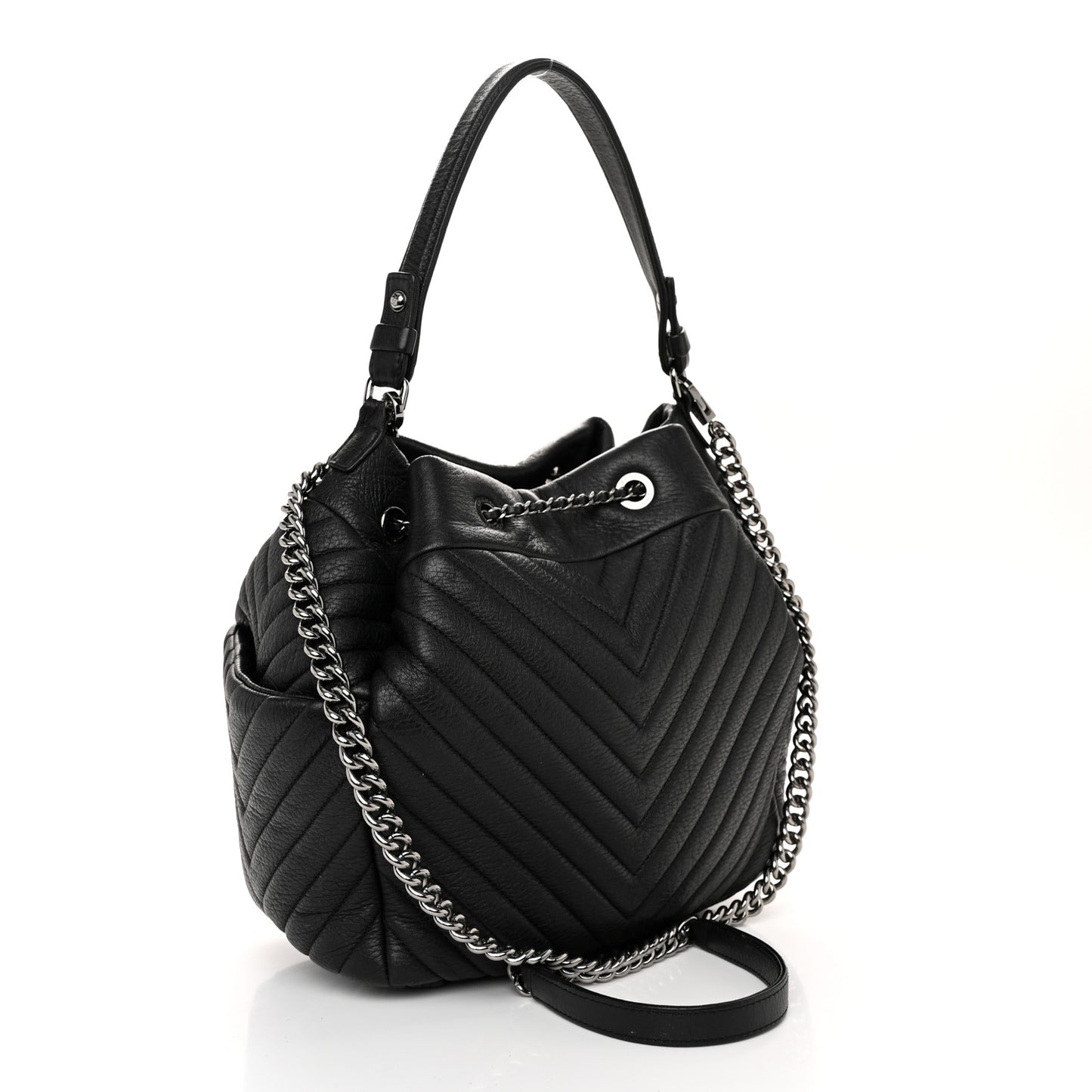 Deerskin Chevron Medium CC Chain Bucket Drawstring Bag Black