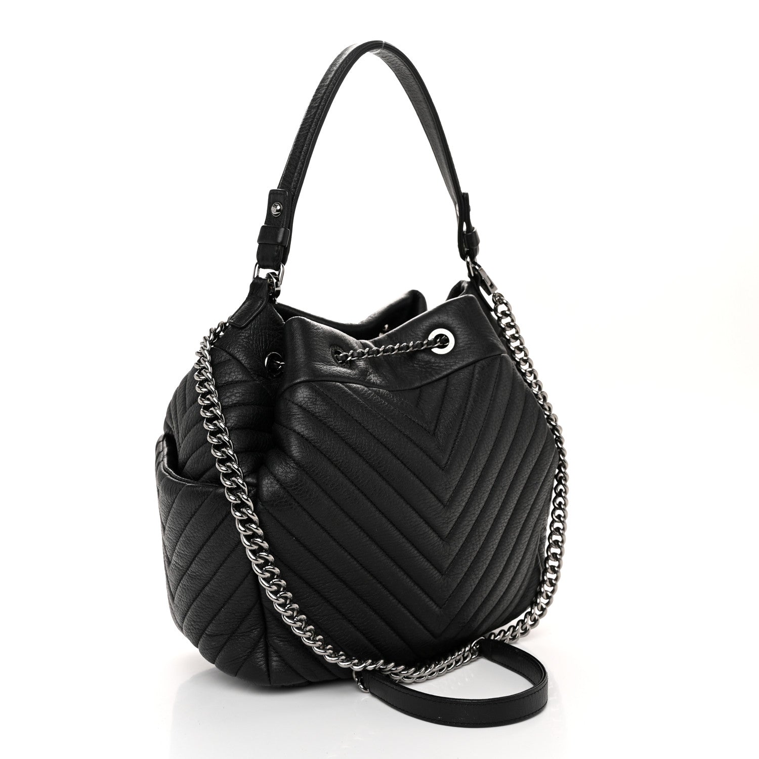 Chanel Deerskin Chevron Medium CC Chain Bucket Drawstring Bag Black 3 of 11