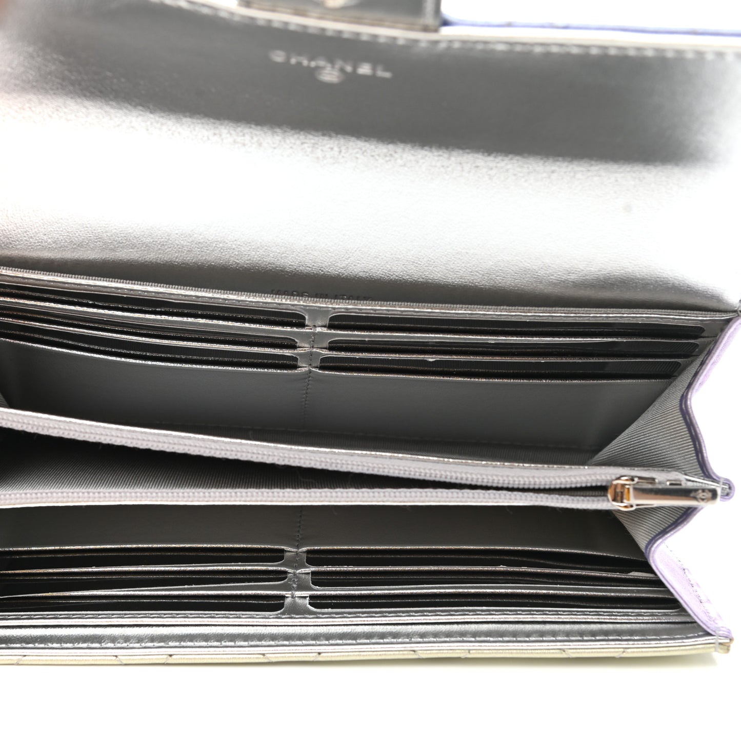 Gradient Metallic Calfskin Quilted Large Gusset Flap Wallet Silver Blue Yellow Purple