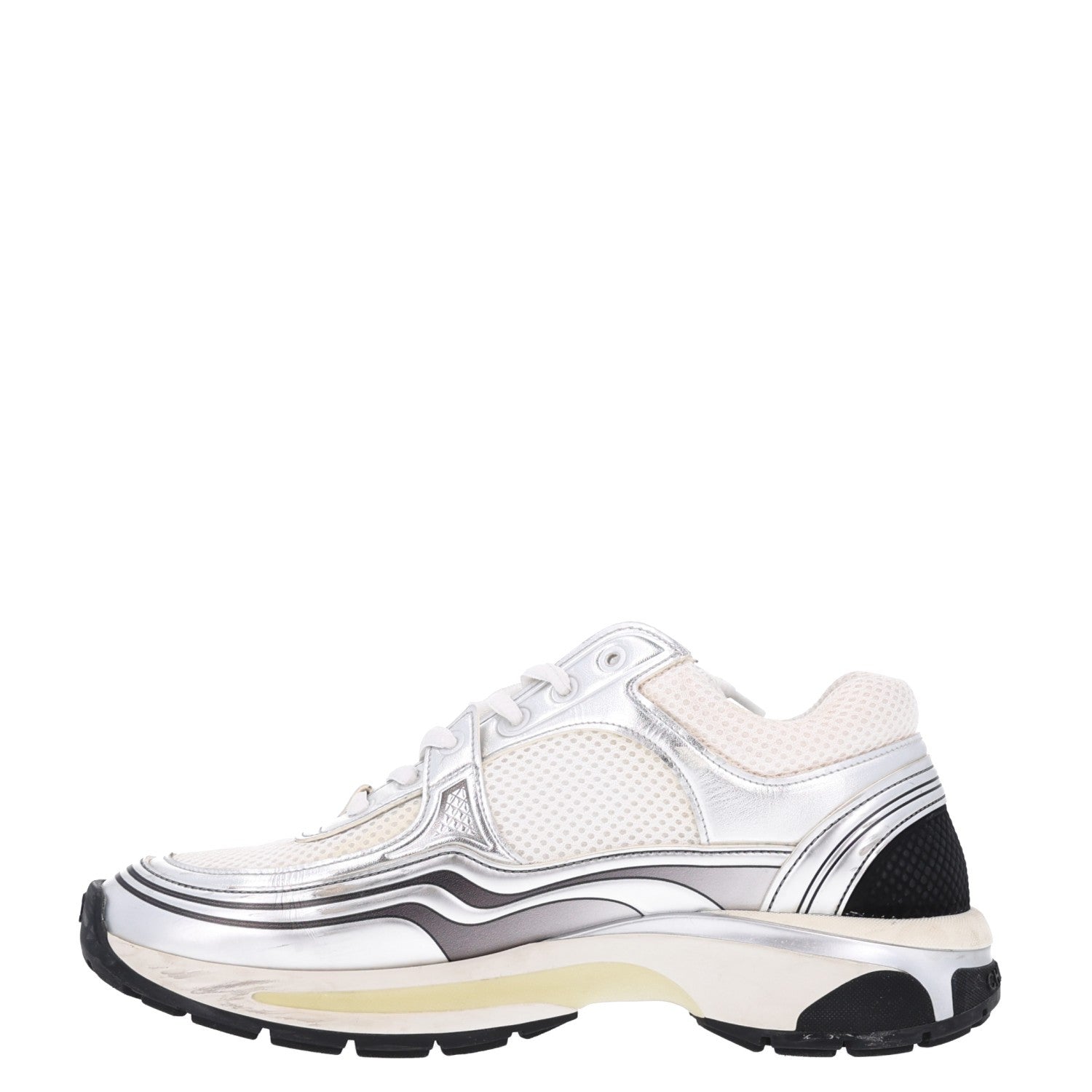 Chanel Fabric Laminated Calfskin Stretch CC Womens Sneakers 39 White Silver 1 of 10